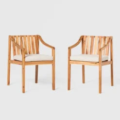 Saracina Home 2pk Mid-Century Modern Slatted Outdoor Acacia Arm Chairs With Cushions -Sunnydaze Decor Store GUEST 0016f698 7c55 460b bf1f 8be1b164e811