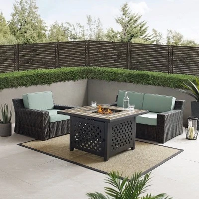 Beaufort 3 Pc Outdoor Wicker Conversation Set Loveseat And Chair With Fire Table - Mist/Brown - Crosley 3 Beaufort 3 Pc Outdoor Wicker Conversation Set Loveseat And Chair With Fire Table - Mist/Brown - Crosley - Image 3