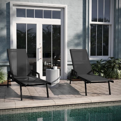 Emma And Oliver Set Of 2 Textilene Adjustable 5 Position Patio Chaise Lounge With Armrests And Metal Frame 1 Emma And Oliver Set Of 2 Textilene Adjustable 5 Position Patio Chaise Lounge With Armrests And Metal Frame