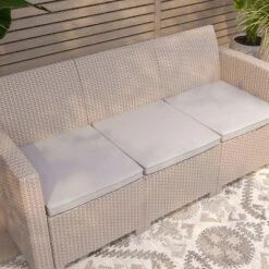 Merrick Lane Outdoor Furniture Resin Sofa Faux Rattan Wicker Pattern Patio 3-Seat Sofa With All-Weather Cushions -Sunnydaze Decor Store GUEST 02296923 ab0b 424b 85ee 9f5d86f52506