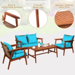 Costway 8PCS Patio Rattan Furniture Set Acacia Wood Frame Cushioned Sofa Chair Turquoise -Sunnydaze Decor Store GUEST 022d845a 89e7 493a 8443 e199beb81fef