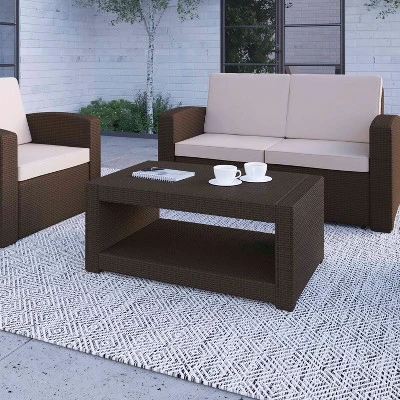 Merrick Lane Outdoor Furniture Coffee Table Chocolate Brown Faux Rattan Wicker Pattern All-Weather Patio Coffee Table With Shelving 2 Merrick Lane Outdoor Furniture Coffee Table Chocolate Brown Faux Rattan Wicker Pattern All-Weather Patio Coffee Table With Shelving - Image 2