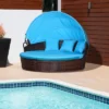 Outsunny 4-piece Cushioned Outdoor Rattan Wicker Round Sunbed Or Conversational Sofa Set With Sun Canopy For Lawn Garden Backyard Poolside, Blue