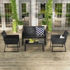 Costway 4 PCS Patio Wicker Furniture Set Outdoor Conversation With Quick-Drying Foam