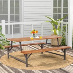 Costway Acacia Wood Patio Picnic Table Bench Set With 71'' Tabletop ＆ 2'' Umbrella Hole