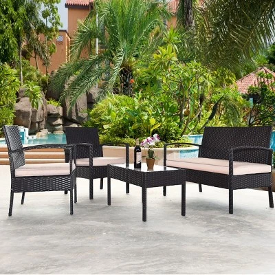 Costway 8PCS Patio Rattan Conversation Furniture Set Cushioned Seat Glass Table 1 Costway 8PCS Patio Rattan Conversation Furniture Set Cushioned Seat Glass Table