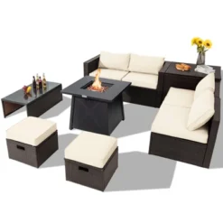 Tangkula 9PCS Outdoor Patio Furniture Set With 30" Propane Fire Pit Table PE Wicker Space-Saving Sectional Sofa Set W/ Storage Box & Cushions -Sunnydaze Decor Store GUEST 0976d6b2 2502 4893 bd81 821c6d21a2e6