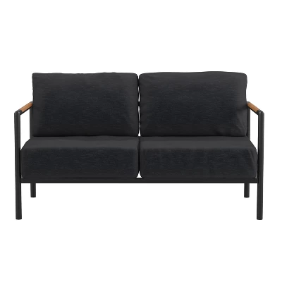 Emma And Oliver Aluminum Frame Loveseat With Teak Arm Accents And Plush Cushions 8 Emma And Oliver Aluminum Frame Loveseat With Teak Arm Accents And Plush Cushions - Image 8