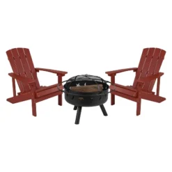 Flash Furniture 3 Piece Charlestown Poly Resin Wood Adirondack Chair Set With Fire Pit - Star And Moon Fire Pit With Mesh Cover -Sunnydaze Decor Store GUEST 0a259dac bf09 4b90 9458 d49bdb4d6ac2