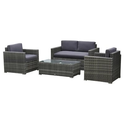 Outsunny 4-Piece Rattan Wicker Furniture Set, Outdoor Cushioned Conversation Furniture With 2 Chairs, Loveseat, And Glass Coffee Table 8 Outsunny 4-Piece Rattan Wicker Furniture Set, Outdoor Cushioned Conversation Furniture With 2 Chairs, Loveseat, And Glass Coffee Table - Image 8