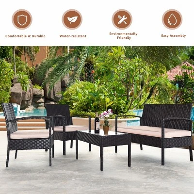 Costway 8PCS Patio Rattan Conversation Furniture Set Cushioned Seat Glass Table 6 Costway 8PCS Patio Rattan Conversation Furniture Set Cushioned Seat Glass Table - Image 6