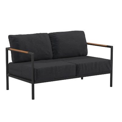 Emma And Oliver Aluminum Frame Loveseat With Teak Arm Accents And Plush Cushions 10 Emma And Oliver Aluminum Frame Loveseat With Teak Arm Accents And Plush Cushions - Image 10
