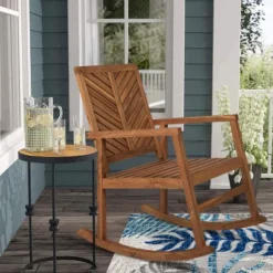 Ned Modern Chevron-Back Acacia Wood Patio Outdoor Rocking Chair - JONATHAN Y