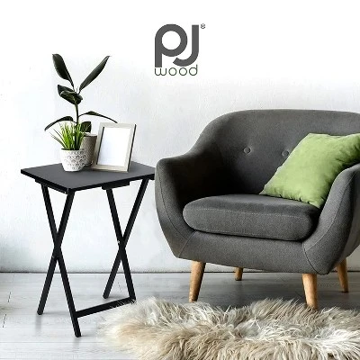 PJ Wood 19.09 X 14.57 X 26.00 Inch Folding TV Tray Tables With Compact Storage Rack, Solid Wood Construction, Black Finish, 5 Piece Set 2 PJ Wood 19.09 X 14.57 X 26.00 Inch Folding TV Tray Tables With Compact Storage Rack, Solid Wood Construction, Black Finish, 5 Piece Set - Image 2