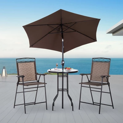 Outsunny 4 Piece Patio Bar Set For 2 With 6' Adjustable Tilt Umbrella, Outdoor Bistro Set With Folding Chairs & Glass Round Dining Table 1 Outsunny 4 Piece Patio Bar Set For 2 With 6' Adjustable Tilt Umbrella, Outdoor Bistro Set With Folding Chairs & Glass Round Dining Table