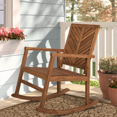 Ned Modern Chevron-Back Acacia Wood Patio Outdoor Rocking Chair - JONATHAN Y 2 Ned Modern Chevron-Back Acacia Wood Patio Outdoor Rocking Chair - JONATHAN Y - Image 2