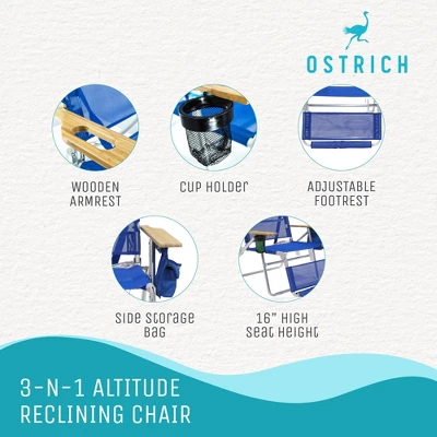 Ostrich 3-N-1 Altitude Outdoor Lounge Reclining Beach Lake 16-Inch Height Chair, Blue 3 Ostrich 3-N-1 Altitude Outdoor Lounge Reclining Beach Lake 16-Inch Height Chair, Blue - Image 3