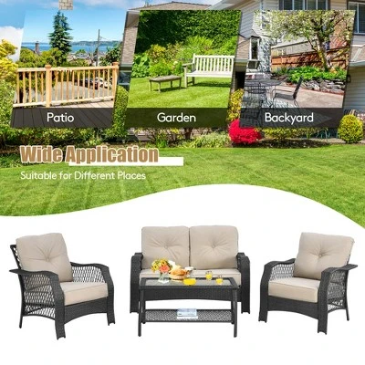 Costway 4PCS Patio Wicker Furniture Set Loveseat Sofa Coffee Table W/ Cushion 5 Costway 4PCS Patio Wicker Furniture Set Loveseat Sofa Coffee Table W/ Cushion - Image 5