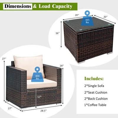 Costway 3PCS Patio Rattan Outdoor Furniture Set W/ Cushioned Sofa Coffee Table 4 Costway 3PCS Patio Rattan Outdoor Furniture Set W/ Cushioned Sofa Coffee Table - Image 4