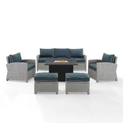 Bradenton 6pc Outdoor Wicker Sofa And Arm Chair Seating Set With Dante Fire Table And 2 Ottomans - Navy/Gray - Crosley 24 Bradenton 6pc Outdoor Wicker Sofa And Arm Chair Seating Set With Dante Fire Table And 2 Ottomans - Navy/Gray - Crosley -Sunnydaze Decor Store GUEST 1986bd07 0bef 43a2 b426 4b46bbf22507