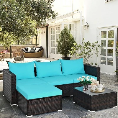 Costway 5PCS Patio Furniture Set Sectional Conversation Sofa Set W/ Coffee Table Blue 1 Costway 5PCS Patio Furniture Set Sectional Conversation Sofa Set W/ Coffee Table Blue