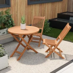 Costway 3pcs Patio Outdoor Teak Wood Bistro Dining Set Folding Chair & Table Slatted