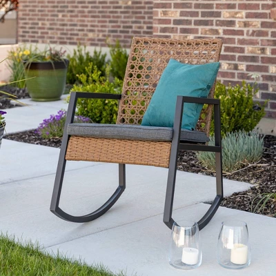 Komodo Modern Boho Faux Rattan & Metal Outdoor Rocking Chair With Cushion - Brown/Gray - Saracina Home 1 Komodo Modern Boho Faux Rattan & Metal Outdoor Rocking Chair With Cushion - Brown/Gray - Saracina Home