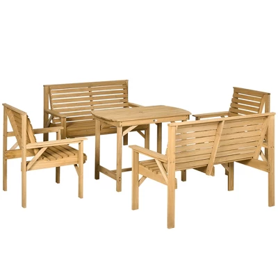 Outsunny 5 Piece Patio Furniture, 6 Seat Outdoor Dining Set, Natural Wood Dinner Table, 2 Chairs, Loveseats With Armrests & Umbrella Hole, Light Brown 3 Outsunny 5 Piece Patio Furniture, 6 Seat Outdoor Dining Set, Natural Wood Dinner Table, 2 Chairs, Loveseats With Armrests & Umbrella Hole, Light Brown - Image 3