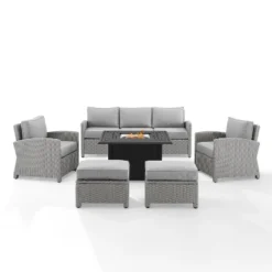 Bradenton 6pc Outdoor Wicker Sofa And Arm Chair Seating Set With Dante Fire Table And 2 Ottomans - Gray/Gray - Crosley 23 Bradenton 6pc Outdoor Wicker Sofa And Arm Chair Seating Set With Dante Fire Table And 2 Ottomans - Gray/Gray - Crosley -Sunnydaze Decor Store GUEST 219a119c 9d22 4871 9625 a78355acbd22