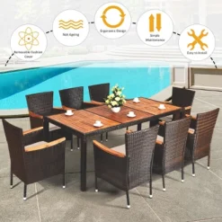 Costway 9PCS Patio Rattan Dining Set 8 Chairs Cushioned Acacia Table Top -Sunnydaze Decor Store GUEST 245ab3f1 9065 4d7b b56d fed258619445