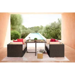 5pc Outdoor Conversation Set With Wicker Sectional Sofa & Tempered Glass Table - Devoko