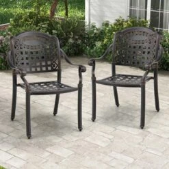 Costway 2pcs Patio Cast Aluminum Armrest Chairs Dining Stackable Outdoor Bronze/White