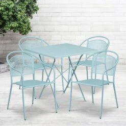 Emma And Oliver Commercial Grade 28" Square Sky Blue Folding Patio Table Set-4 Round Back Chairs