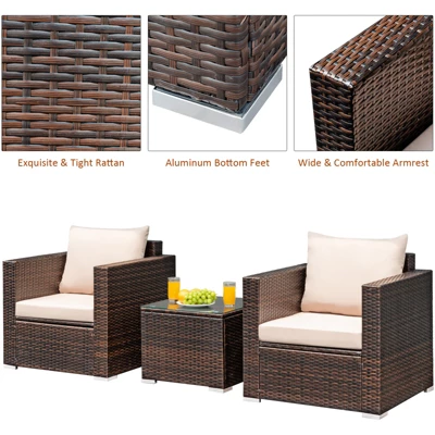 Costway 3PCS Patio Rattan Outdoor Furniture Set W/ Cushioned Sofa Coffee Table 9 Costway 3PCS Patio Rattan Outdoor Furniture Set W/ Cushioned Sofa Coffee Table - Image 9