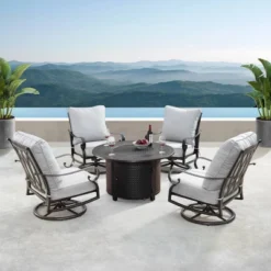 5pc Outdoor Dining Set With 44" Round Fire Table, 4 Deep Seating Swivel Rocking Chairs & Table Fabric Covers - Gray/Copper - Oakland Living