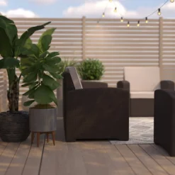 Merrick Lane Outdoor Furniture Resin Sofa Chocolate Brown Faux Rattan Wicker Pattern Patio 3-Seat Sofa With All-Weather Beige Cushions -Sunnydaze Decor Store GUEST 295a9f00 8b91 494c 8768 c859f5b4e46d