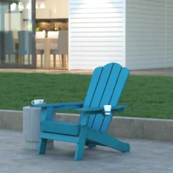 Emma And Oliver Adirondack Chair With Cup Holder, Weather Resistant HDPE Adirondack Chair