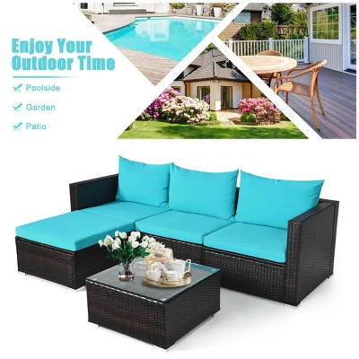 Costway 5PCS Patio Furniture Set Sectional Conversation Sofa Set W/ Coffee Table Blue 5 Costway 5PCS Patio Furniture Set Sectional Conversation Sofa Set W/ Coffee Table Blue - Image 5