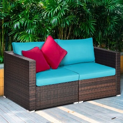 Costway 4PCS Patio Rattan Corner Sofa With Blue Cushion 4 Costway 4PCS Patio Rattan Corner Sofa With Blue Cushion - Image 4