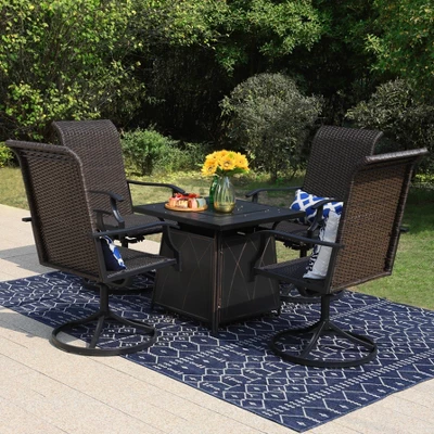 5pc Patio Dining Set With Square Steel Fire Pit With Faux Wood Tabletop & Rattan 360 Swivel Chairs - Captiva Designs 1 5pc Patio Dining Set With Square Steel Fire Pit With Faux Wood Tabletop & Rattan 360 Swivel Chairs - Captiva Designs