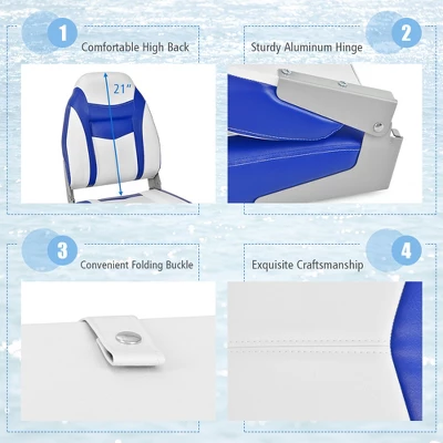 Costway High Back Folding Boat Seats W/ Blue White Sponge Cushion & Flexible Hinges 6 Costway High Back Folding Boat Seats W/ Blue White Sponge Cushion & Flexible Hinges - Image 6