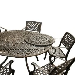 7pc Outdoor Dining Set With Ornate Traditional & Modern Contemporary Mesh Lattice Aluminum 59" Round Table - Bronze - Oakland Living