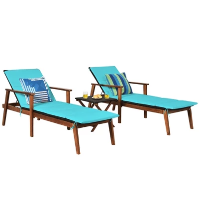 Costway 3PCS Patio Rattan Lounge Chair Folding Table Set Chaise Wood Cushioned WhiteTurquoise 8 Costway 3PCS Patio Rattan Lounge Chair Folding Table Set Chaise Wood Cushioned WhiteTurquoise - Image 8