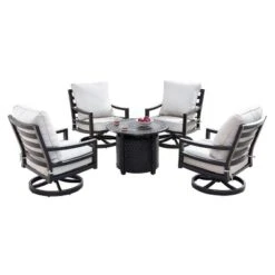 5pc Outdoor Dining Set With 34" Aluminum Round Weave Design Fire Table, Deep Seating Swivel Rocking Chairs & Covers - Oakland Living