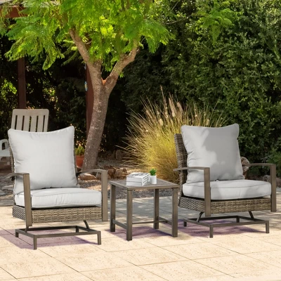 Outsunny 3-Piece Patio Bistro Set, PE Rattan Wicker Outdoor Furniture With Soft Cushions, 2 Rocking Chairs, Slatted Coffee Table, Gray 1 Outsunny 3-Piece Patio Bistro Set, PE Rattan Wicker Outdoor Furniture With Soft Cushions, 2 Rocking Chairs, Slatted Coffee Table, Gray