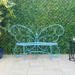 38" X 62" Metal Butterfly Outdoor Bench Blue - Alpine Corporation