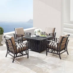 5pc Set With 42" Square Outdoor Aluminum Fire Table & 4 Deep Seating Chairs - Oakland Living