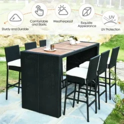 COSTWAY 7 PCS Patio Rattan Wicker Bar Dining Furniture Set Wood Table Top 6 Stools -Sunnydaze Decor Store GUEST 3c75835f 298b 412a 9dee 98bed2c3cf35