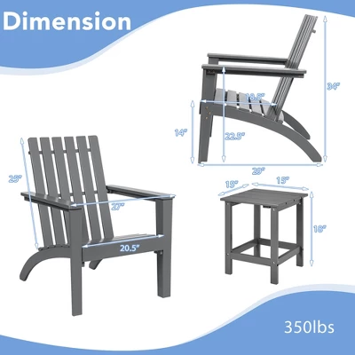 Costway 3PCS Patio Adirondack Chair Side Table Set Solid Wood Garden Deck Grey 3 Costway 3PCS Patio Adirondack Chair Side Table Set Solid Wood Garden Deck Grey - Image 3