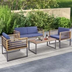Costway 4pcs Patio Acacia Wood Chair Table Loveseat Cushioned Furniture Set Outdoor Navy -Sunnydaze Decor Store GUEST 433a9d9d e3b5 41fb b25f 66d6753ae6a1